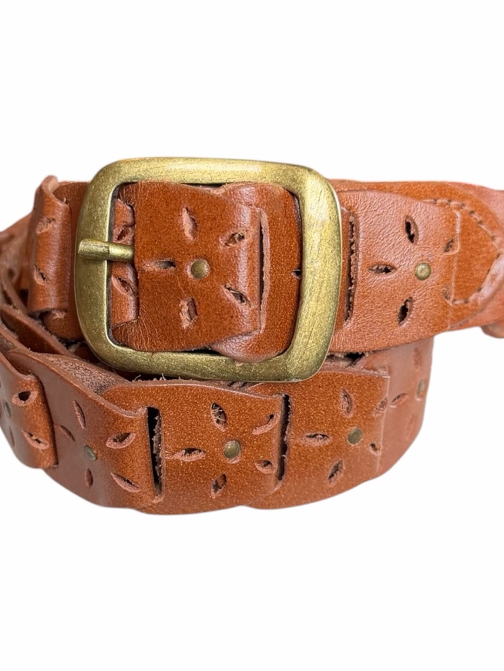 Cognac Brown Genuine Leather Woven Link Belt Boho Western - Picture 2 of 6
